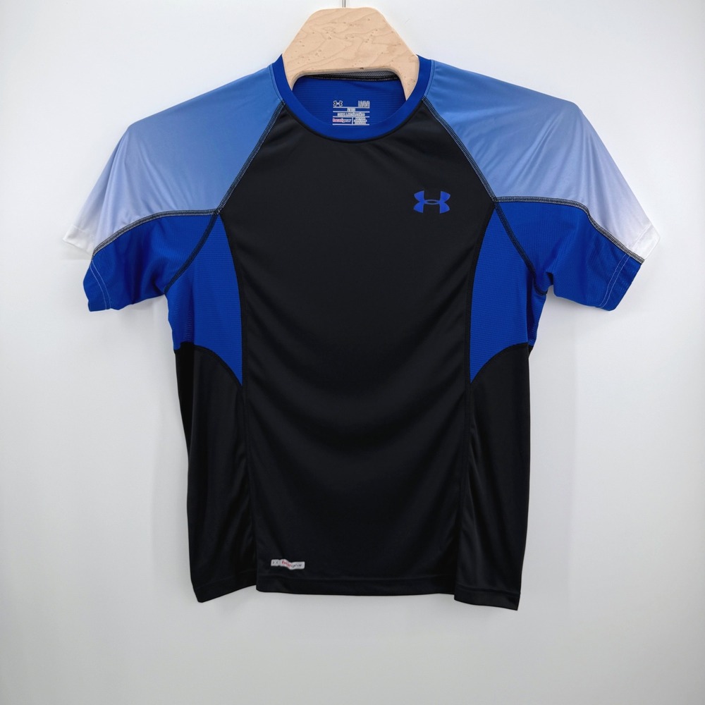 Under Armour HeatGear Shirt Mens Large Black Blue Colorblock Fitted Athletic Top